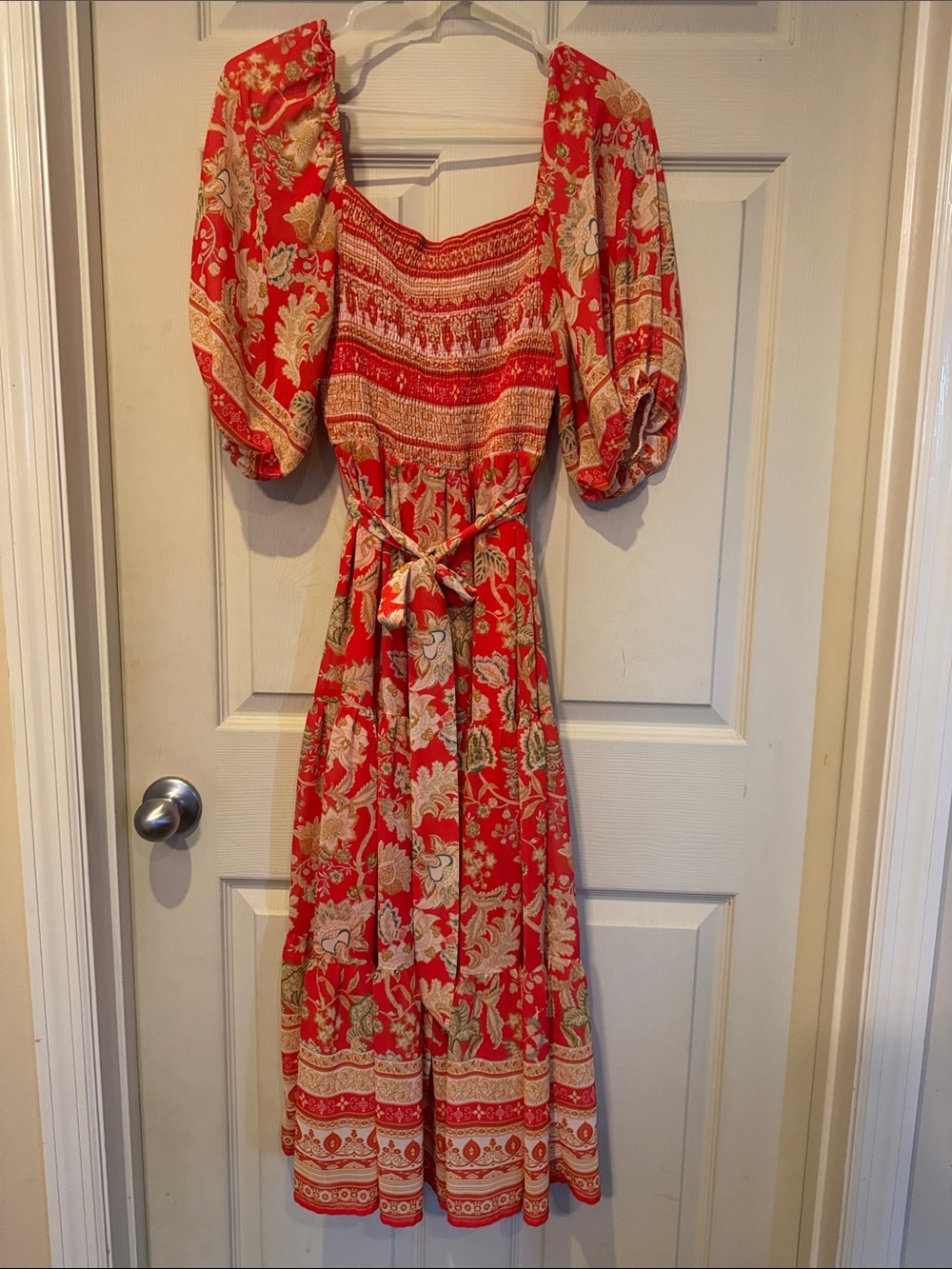Red Floral Midi Dress with Puff off the Shoulder Sleeves
